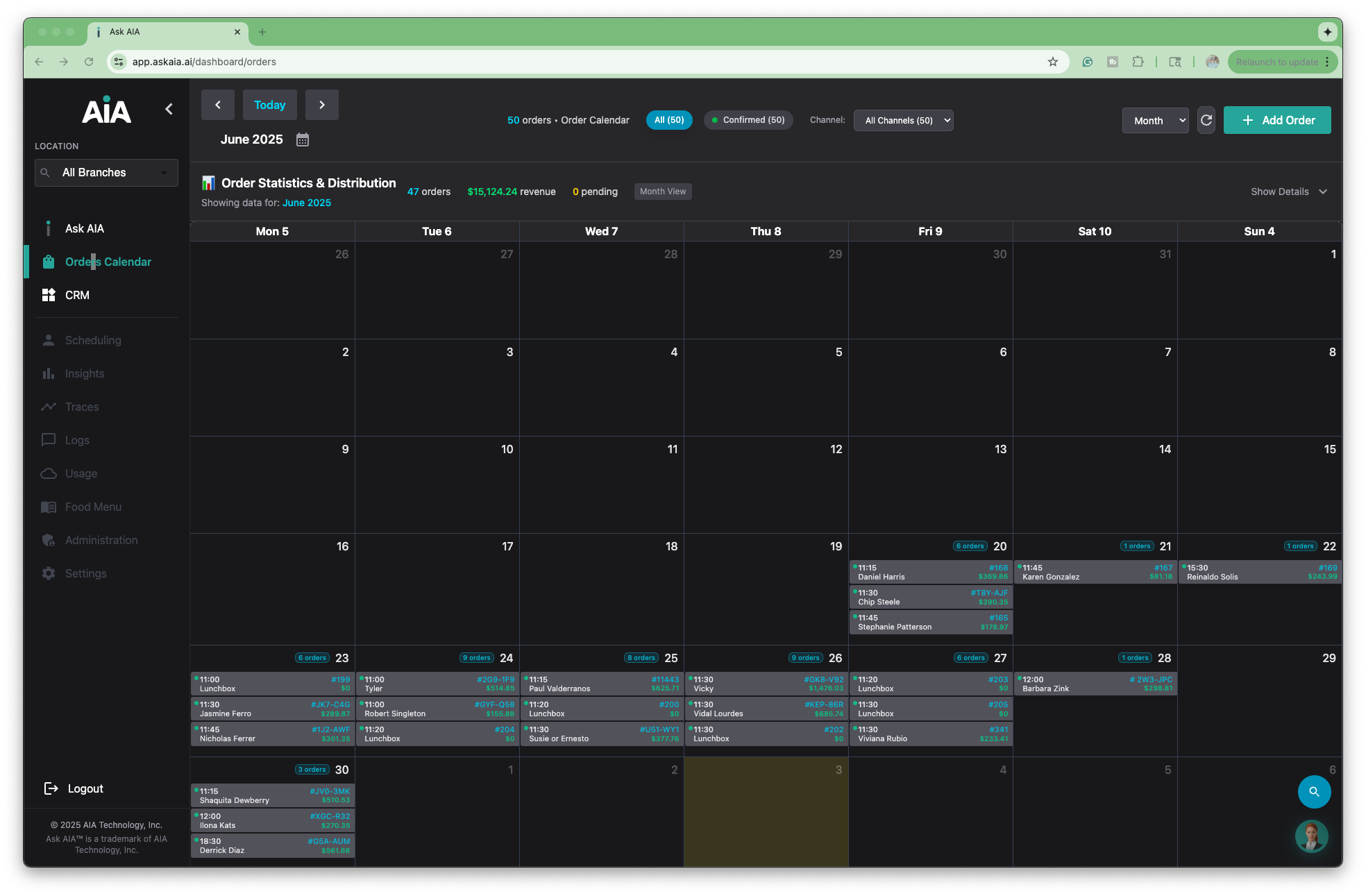 AIA Orders Calendar — every order from every channel, on one screen